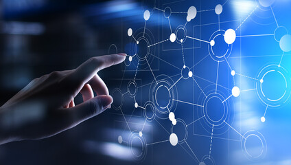 Organisation structure network, corporate relations on virtual screen. Business, Finance and technology concept.