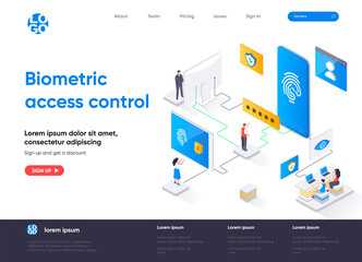 Poster - Biometric access control isometric landing page design. Fingerprint scan provides security access isometry concept. Biometrics identification flat web page. Vector illustration with people characters.