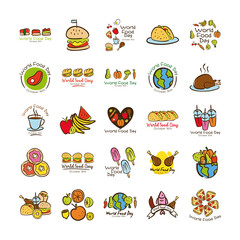 Sticker - bundle of twenty five world food day celebration letterings flat style