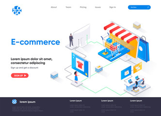 Poster - E-commerce isometric landing page design. Online shopping marketplace isometry concept. Retail distribution, order and delivery application flat web page. Vector illustration with people characters.