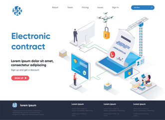 Wall Mural - Electronic contract isometric landing page design. Online sign contract or documents technology isometry concept. Digital signature solution flat web page. Vector illustration with people characters.
