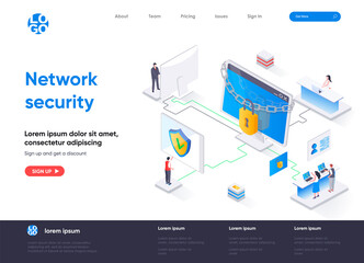 Fototapete - Network security isometric landing page. Firewall software, password identification and privacy isometry concept. Network cybersecurity solution flat design. Vector illustration with people characters