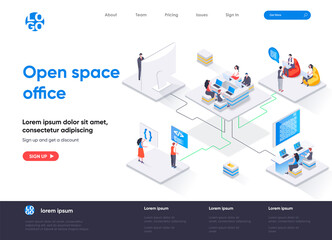 Wall Mural - Open space office isometric landing page. Collaboration at coworking open space isometry concept. Comfortable workplace for developers team flat web page. Vector illustration with people characters.