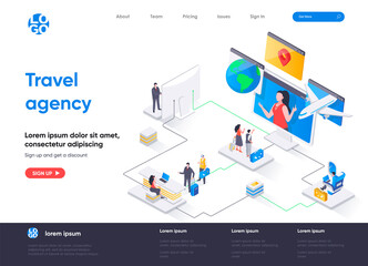 Wall Mural - Travel agency isometric landing page. Online booking service, comfortable air transportation, airport boarding isometry concept. Tour operator flat web page. Vector illustration with people characters