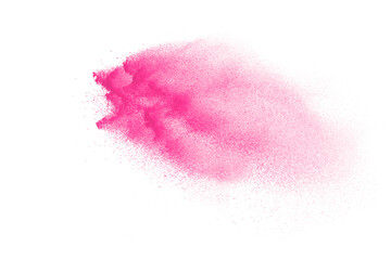 Wall Mural - Freeze motion of pink color powder exploding on white  background. 