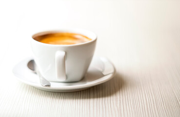 Hot coffee in white cup, beautiful texture of table. Selected focus on cup handle, empty space for text and design. Natural morning light.