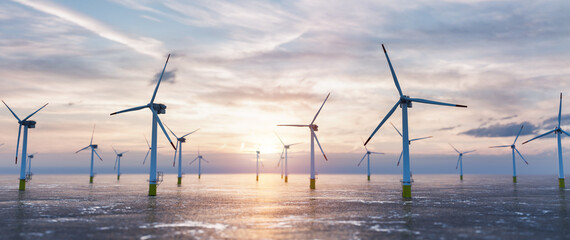 Wall Mural - Offshore wind power and energy farm with many wind turbines on the ocean