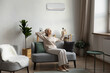 © fizkes - Smiling older woman holding air conditioner remote controller, relaxing, sitting on cozy couch at home, satisfied peaceful mature senior female enjoying fresh air in modern living room