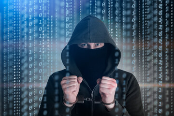 Computer privacy attack. Hackers programmer look on screen and forcibly writes the program code hack information