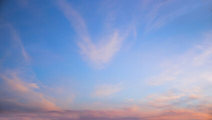 Wall Mural - blue sky and fluffy pink clouds at sunset, horizontal format