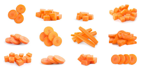 Wall Mural - Collage of cut carrots on white background, banner design