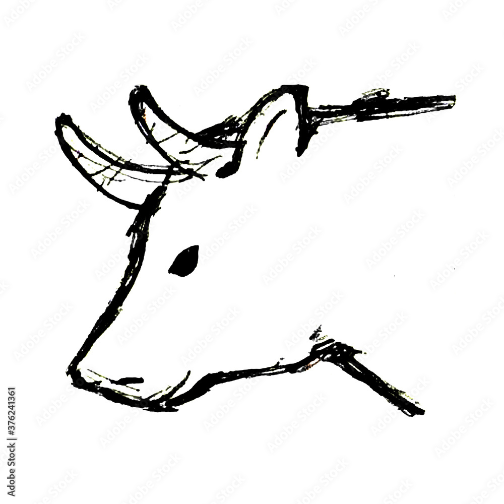白バックの白い牛の横顔のリアルな手描きイラスト Wall Mural 詩織 白バックの白い牛の横顔のリアルな手描きイラスト Wall Mural 詩織