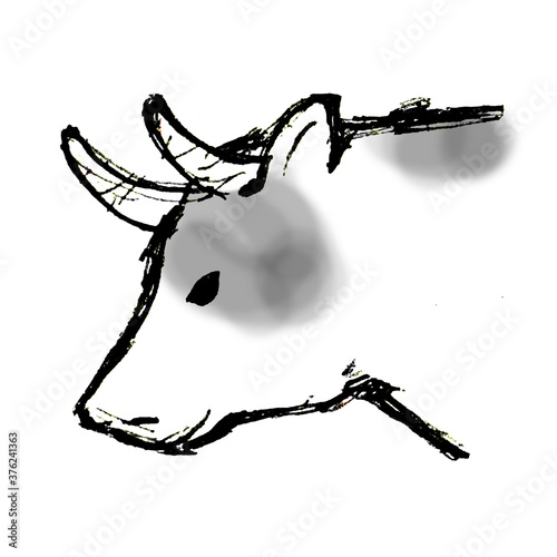 白バックの牛の横顔のリアルな手描きイラスト Wall Mural 詩織
