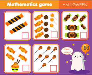 Counting educational children game. Study math, numbers, addition. Halloween theme kids mathematics activity