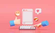 Social Media With Photo Frame, Like Button And Cartoon Hand On Pink Background Illustration. 3D Render