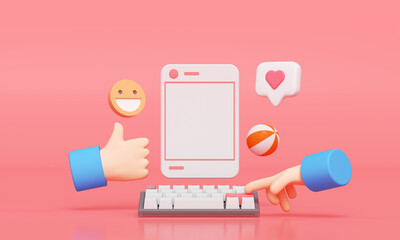 Wall Mural - social media with photo frame, like button and cartoon hand on pink background illustration. 3d rend