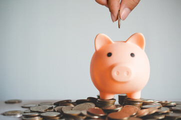 money saving concept. business hand putting golden coin in to piggy bank with stack coins on table white background for save and investment. financial and banking.