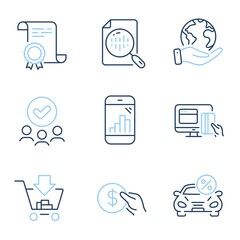 Wall Mural - shopping, car leasing and online payment line icons set. diploma certificate, save planet, group of 