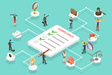 Wall Mural - 3D Isometric Flat Vector Conceptual Illustration of Regulatory Compliance, Steps That Are Needed to Be Complied With Relevant Laws, Policies and Regulations.