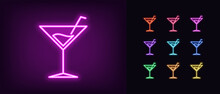 Neon Cocktail Drink Icon. Glowing Neon Martini Sign, Cocktail Party