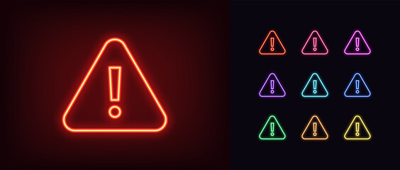 Neon warning icon. Glowing neon warning sign, exclamation mark
