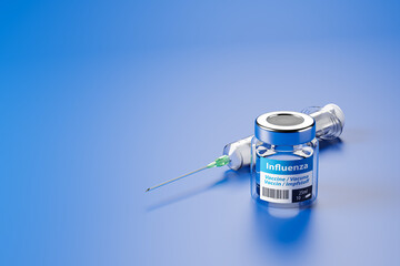 Wall Mural - Vaccination against the influenza virus: A glass container with 10 doses of vaccination and a syringe behind it. The word vaccination in English, Spanish, French and German on the label. Copy space.