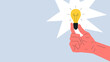 © vernStudio - Light bulb in a hand poster. Vector concept illustration of a hand holding glowing yellow light bulb. Concept of bringing the idea, insight, inspiration, invention,, brainstorming, critical thinking