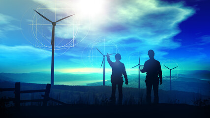 Wall Mural - engineers design the construction of wind farms.
