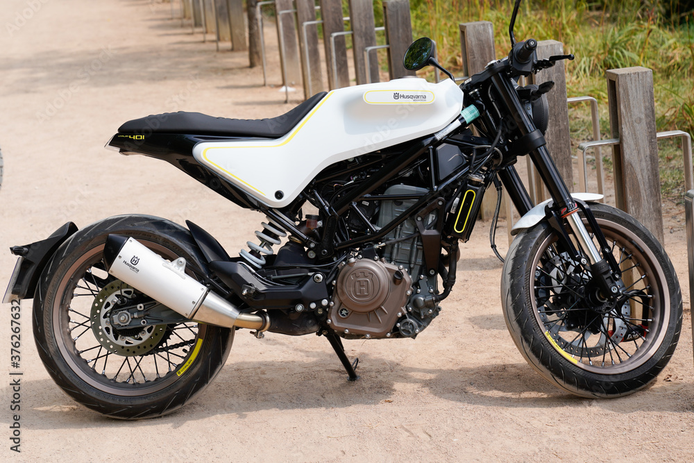 Husqvarna Vitpilen 401 white motorcycle in street swedish company motorbike Stock Photo Adobe Stock