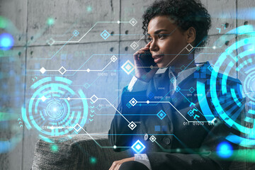 Businesswoman talking phone and binary technology hologram. Double exposure. Security network concept.