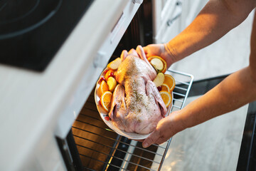 Poster - Woman puting raw duck with vegetables in oven