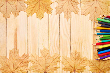 Wall Mural - back to school concept. education and study stationery on a wooden desk. above view. decorated with yellow maple leaves