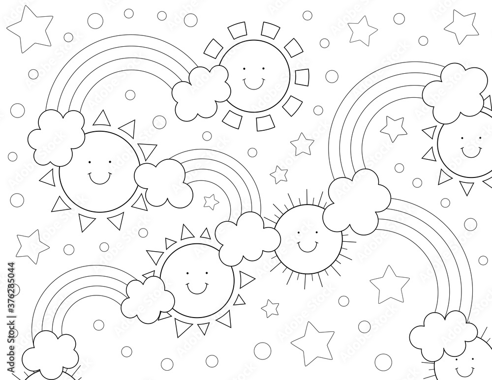 rainbows, clouds and sun coloring page for kids Stock Illustration ...