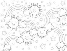 Rainbows, Clouds And Sun Coloring Page For Kids