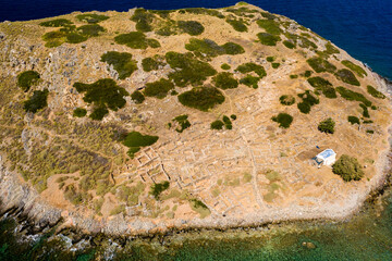 Canvas Print - Aerial drone view of the ancient Minoan ruins on the island of Mochlos in Crete, Greece