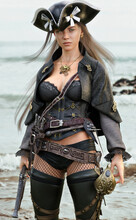 Portrait Of A Sexy Pirate Female Coming Ashore In Search Of Adventure Armed With A Flintlock Pistol And A Cutlass. 3d Rendering