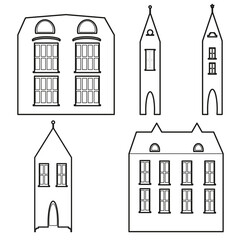  Set of black house building and tower outline on white background. White contour vector illustration. Vector icon.
