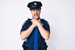 © Krakenimages.com - Young caucasian man wearing police uniform shouting suffocate because painful strangle. health problem. asphyxiate and suicide concept.
