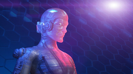 
Futuristic concept of robot character with neon lights. 3d render illustration