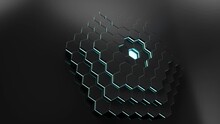 Animation Abstract Futuristic Hexagons Moving Up, Down. Polygon Surface With Luminous Hexagon In The Center, Hexagonal Honeycomb. Sci-fi Technology Background For Business Presentation. Looped 4k