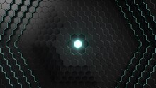 Animation Abstract Futuristic Hexagons Moving Up, Down. Polygon Surface With Luminous Hexagon In The Center, Hexagonal Honeycomb. Sci-fi Technology Background For Business Presentation. Looped 4k