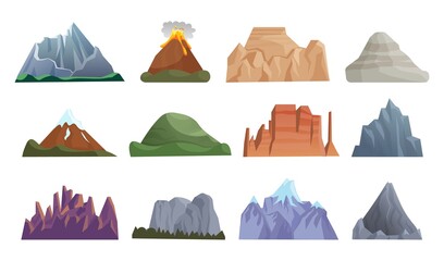 Cartoon mountain icon. Hill top, mountain peak, erupting volcano, iceberg, rock ridge, cliff crest with stone cartoon icon set on white. Vector rocky natural landscape element illustration