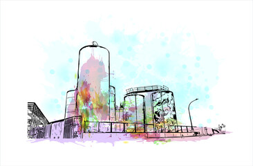 Building view with landmark of Auckland, based around 2 large harbours, is a major city in the north of New Zealand’s North Island. Watercolor splash with hand drawn sketch illustration in vector.