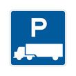 Truck parking place road sign. Vector illustration of park zone area traffic sign isolated on white background. Information for truck drivers. Blue square sign with heavy goods vehicle icon inside.