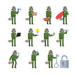 © paper_owl - Set of raccoon soldier characters in camouflage uniform. Military raccoon holding parcel, loudspeaker, laptop, spyglass and showing other actions. Simple design vector illustration