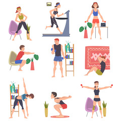 Canvas Print - People Doing Sports at Home Set, Men and Women Physical Activity and Healthy Lifestyle Concept, Stay Home, Keep Fit and Positive Cartoon Style Vector Illustration