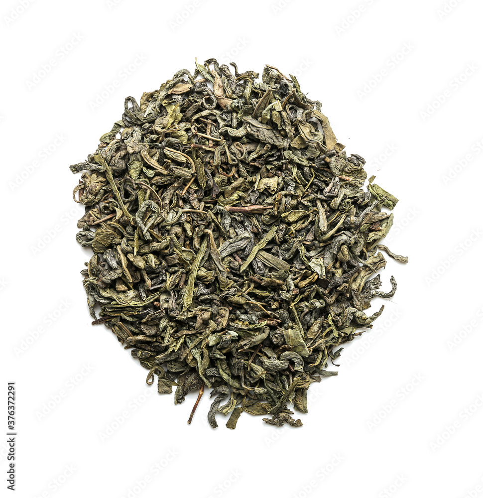 Dry tea leaves on white background