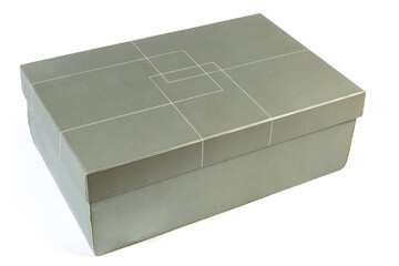 Closed gray cardboard shoe box on a white background