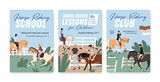 Collection of colorful posters for horse riding school or lessons for adults and children. Set of vertical advertisement for equestrian club or championship. Vector illustration in flat cartoon style
