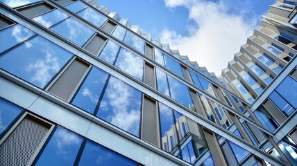 Office building, blue glass wall reflection detail. Modern office building and clear sky background. 